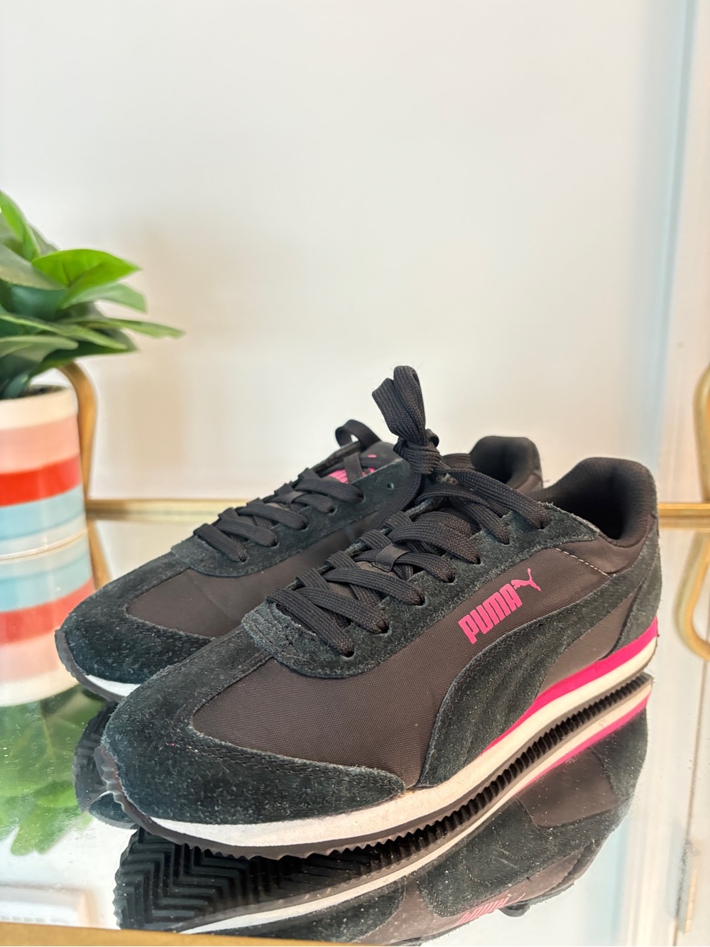 Puma Women’s Black Sneakers with Pink Logo Accents